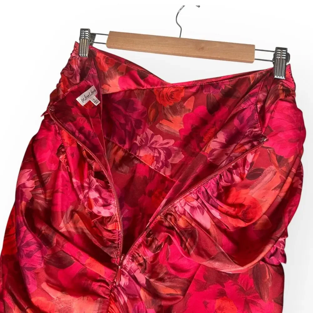 FOR LOVE & LEMONS Alia Floral Satin Mini Skirt Red Ruched Ruffle Festival Club